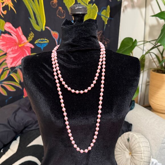 Vintage Beaded Necklace, Rope Length, Box Clasp, Pink & Gold Tone - Picture 1 of 15